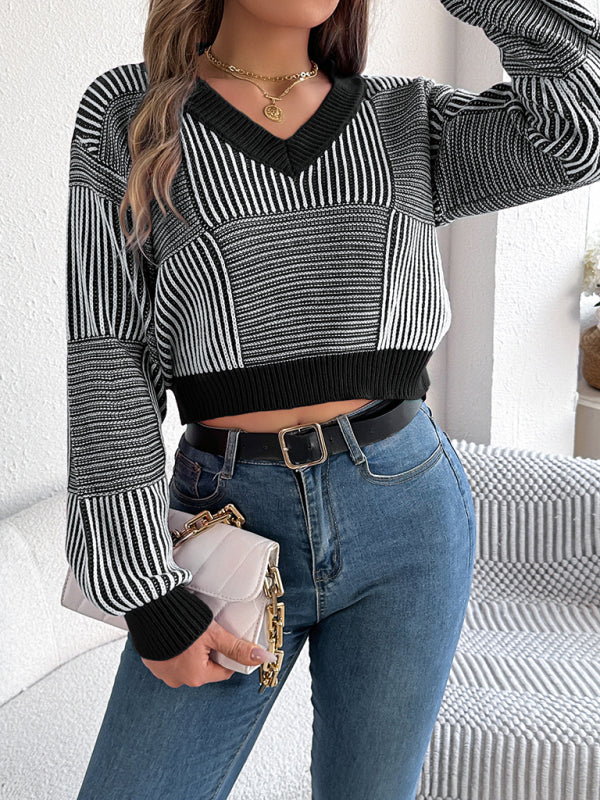 Blue Zone Planet | Casual striped lantern sleeve pullover with exposed belly button sweater-[Adult]-[Female]-2022 Online Blue Zone Planet