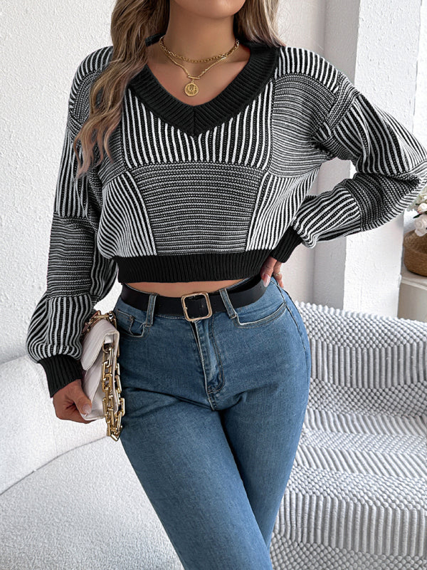 Blue Zone Planet | Casual striped lantern sleeve pullover with exposed belly button sweater-[Adult]-[Female]-2022 Online Blue Zone Planet