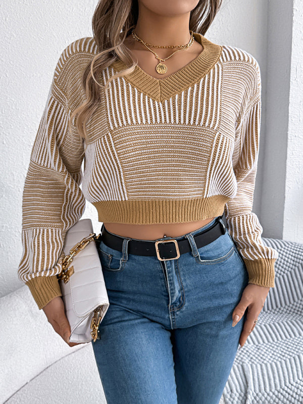 Blue Zone Planet | Casual striped lantern sleeve pullover with exposed belly button sweater-[Adult]-[Female]-2022 Online Blue Zone Planet