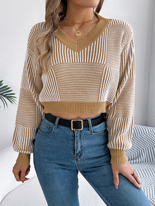 Blue Zone Planet | Casual striped lantern sleeve pullover with exposed belly button sweater-[Adult]-[Female]-Khaki-S-2022 Online Blue Zone Planet