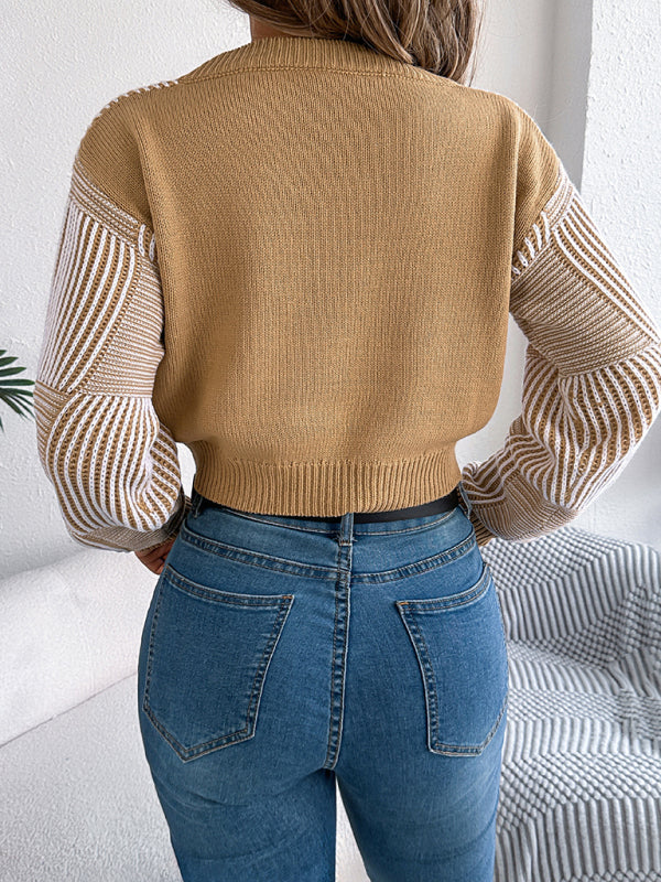 Blue Zone Planet | Casual striped lantern sleeve pullover with exposed belly button sweater-[Adult]-[Female]-2022 Online Blue Zone Planet