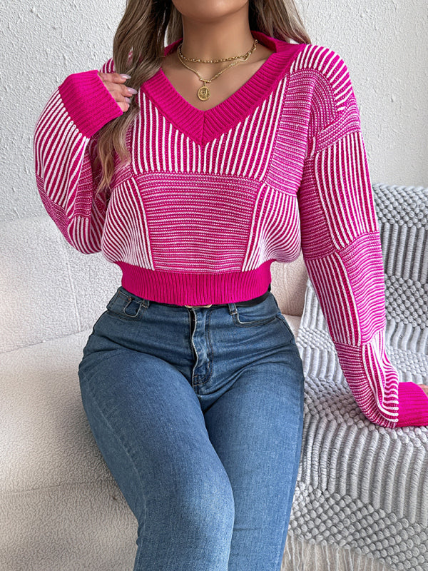 Blue Zone Planet | Casual striped lantern sleeve pullover with exposed belly button sweater-[Adult]-[Female]-2022 Online Blue Zone Planet