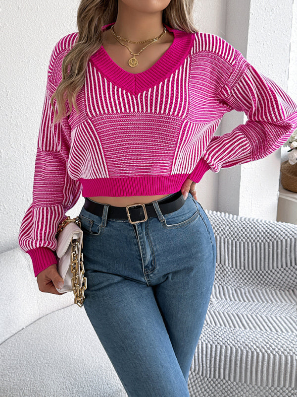 Blue Zone Planet | Casual striped lantern sleeve pullover with exposed belly button sweater-[Adult]-[Female]-Rose-S-2022 Online Blue Zone Planet