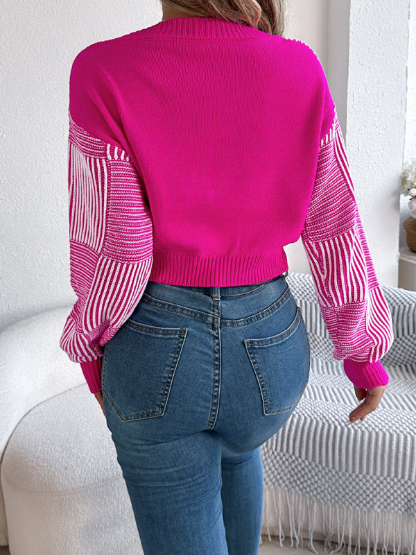 Blue Zone Planet | Casual striped lantern sleeve pullover with exposed belly button sweater-[Adult]-[Female]-2022 Online Blue Zone Planet