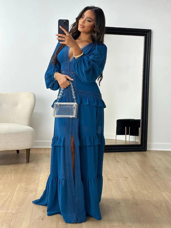 Blue Planet | Elegant patchwork long sleeve V-neck dress - Blue Blue Zone Planet Blue Planet | Elegant patchwork long sleeve V-neck dress - Blue Blue Zone Planet