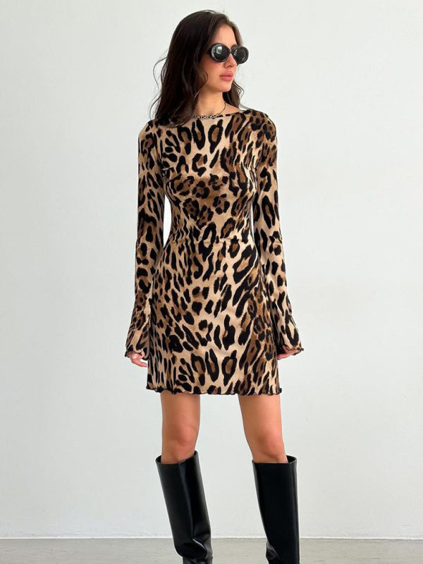 Blue Zone Planet | New high waist round neck long sleeve leopard print dress-TOPS / DRESSES-[Adult]-[Female]-2022 Online Blue Zone Planet