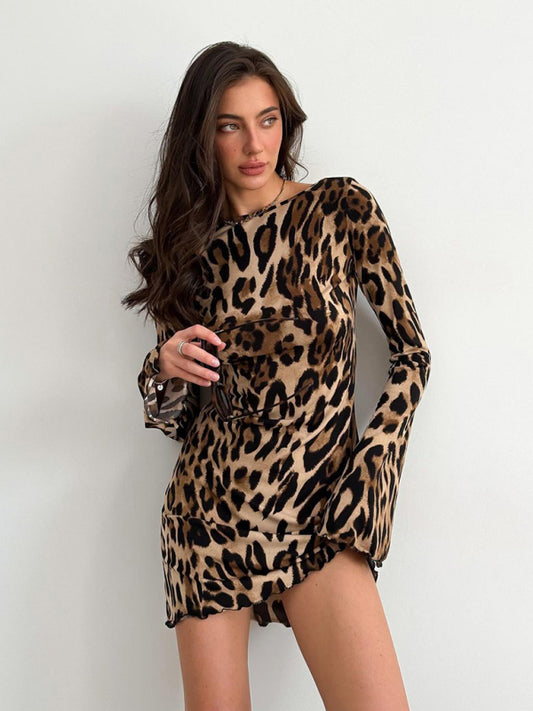 Blue Zone Planet | New high waist round neck long sleeve leopard print dress-TOPS / DRESSES-[Adult]-[Female]-Leopard-S-2022 Online Blue Zone Planet