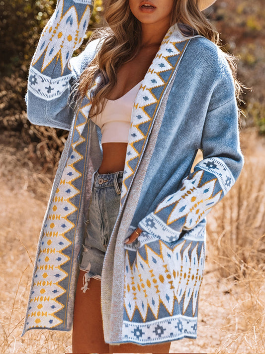 Blue Zone Planet | New ethnic style printed long-sleeved knitted sweater cardigan jacket-[Adult]-[Female]-Blue-S-2022 Online Blue Zone Planet