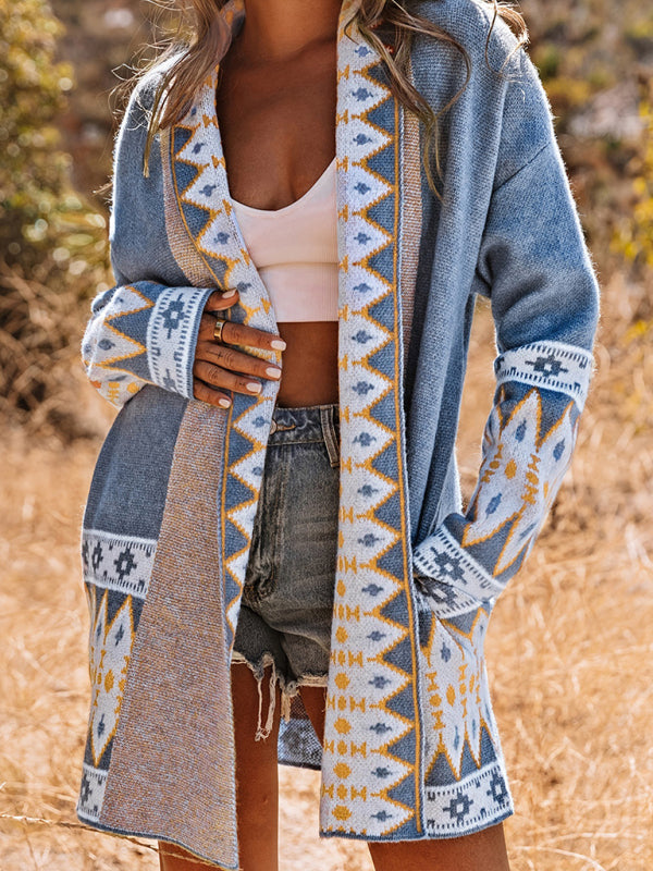 Blue Zone Planet | New ethnic style printed long-sleeved knitted sweater cardigan jacket-[Adult]-[Female]-2022 Online Blue Zone Planet