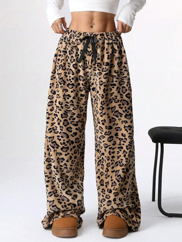 Blue Zone Planet | New Casual Pants Leopard Print Lace-Up Wide-Leg Pants-[Adult]-[Female]-2022 Online Blue Zone Planet