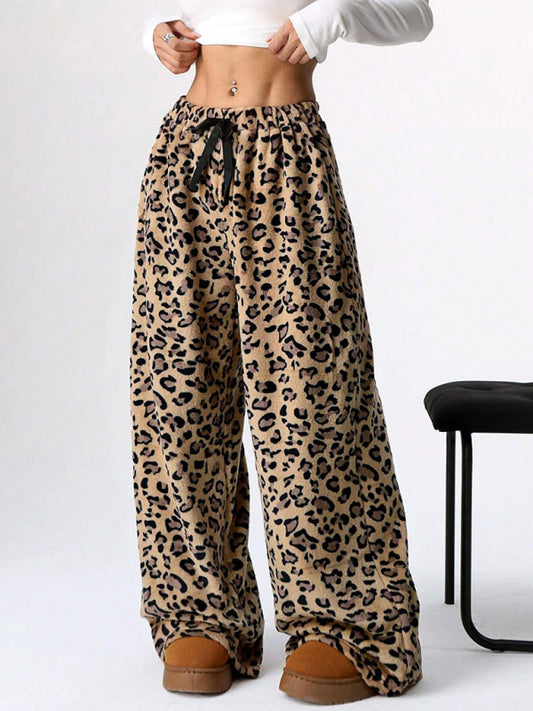 Blue Zone Planet | New Casual Pants Leopard Print Lace-Up Wide-Leg Pants-[Adult]-[Female]-Brown-S-2022 Online Blue Zone Planet