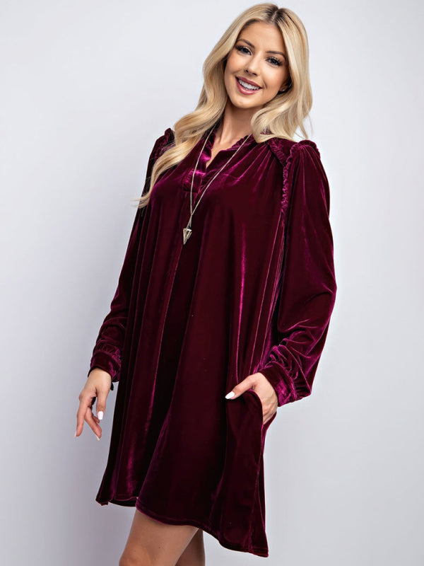 Blue Zone Planet | New velvet simple solid color loose straight dress-TOPS / DRESSES-[Adult]-[Female]-2022 Online Blue Zone Planet