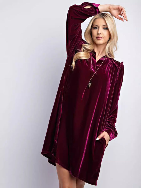 Blue Zone Planet | New velvet simple solid color loose straight dress-TOPS / DRESSES-[Adult]-[Female]-Wine Red-S-2022 Online Blue Zone Planet