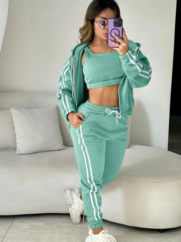 Blue Zone Planet | Women's autumn and winter hooded vest sports suit three-piece set-[Adult]-[Female]-Green-S-2022 Online Blue Zone Planet