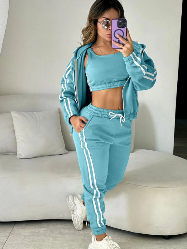 Blue Zone Planet | Women's autumn and winter hooded vest sports suit three-piece set-[Adult]-[Female]-Sky blue azure-S-2022 Online Blue Zone Planet