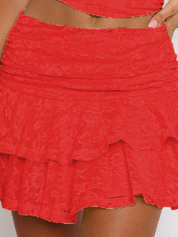 New multi-layer cake lace stacked skirt hot girl solid color lace skirt-[Adult]-[Female]-Red-S-2022 Online Blue Zone Planet