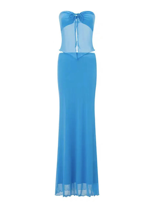 Blue Zone Planet | Strapless mesh navel-baring vest hip-wrapped long skirt two-piece set-[Adult]-[Female]-2022 Online Blue Zone Planet