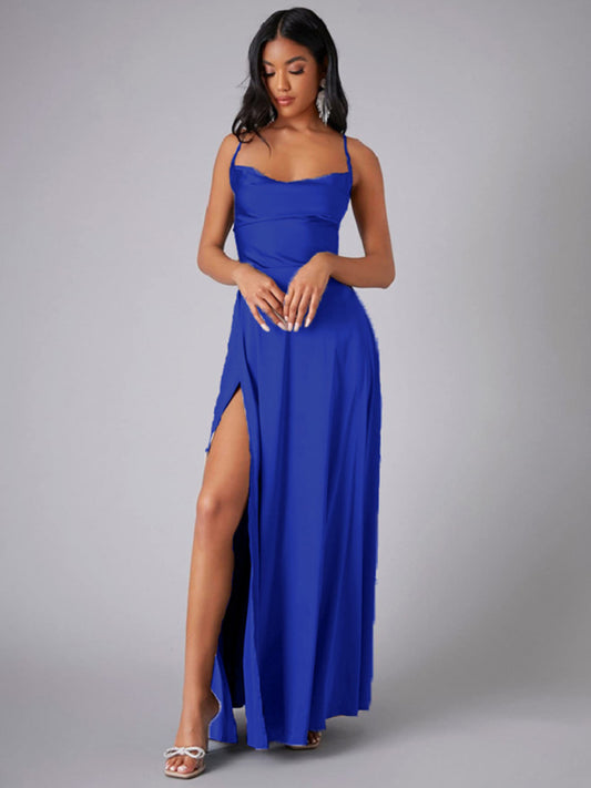 Women's slim fit backless spaghetti straps waist dress long dress-[Adult]-[Female]-Blue-S-2022 Online Blue Zone Planet