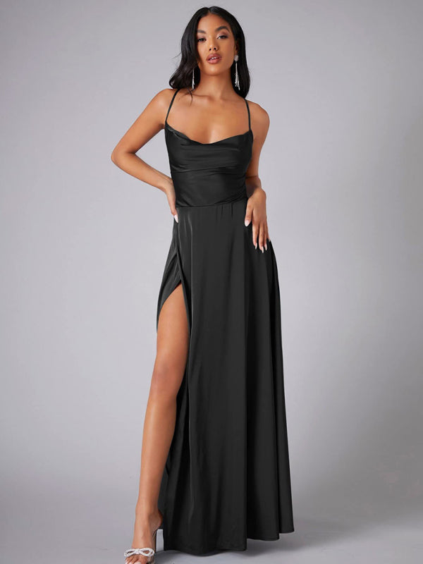 Women's slim fit backless spaghetti straps waist dress long dress-[Adult]-[Female]-Black-S-2022 Online Blue Zone Planet