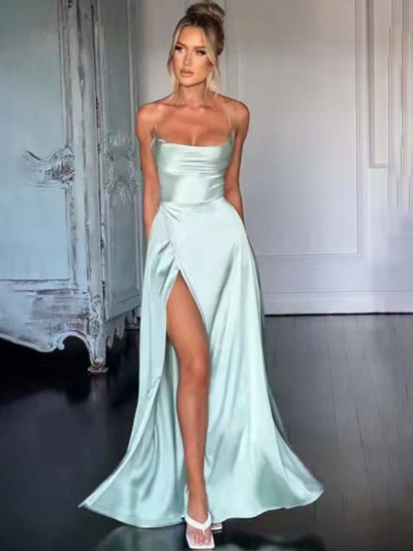 Women's slim fit backless spaghetti straps waist dress long dress-[Adult]-[Female]-Fruit green-S-2022 Online Blue Zone Planet