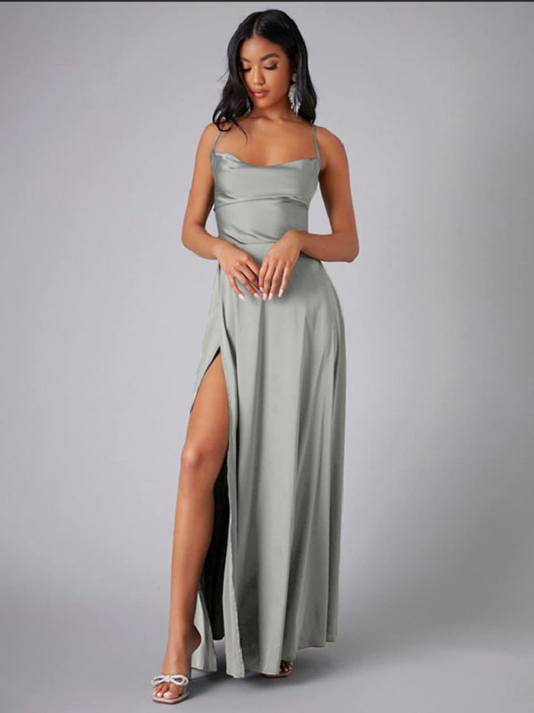Women's slim fit backless spaghetti straps waist dress long dress-[Adult]-[Female]-Grey-S-2022 Online Blue Zone Planet