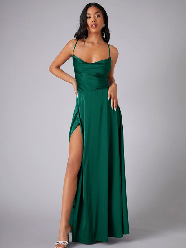 Women's slim fit backless spaghetti straps waist dress long dress-[Adult]-[Female]-Green-S-2022 Online Blue Zone Planet