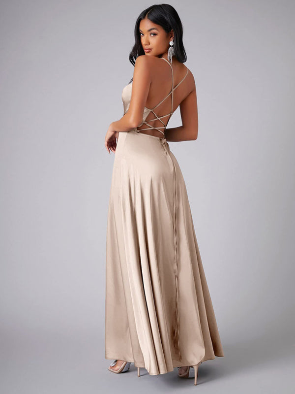 Women's slim fit backless spaghetti straps waist dress long dress-[Adult]-[Female]-2022 Online Blue Zone Planet