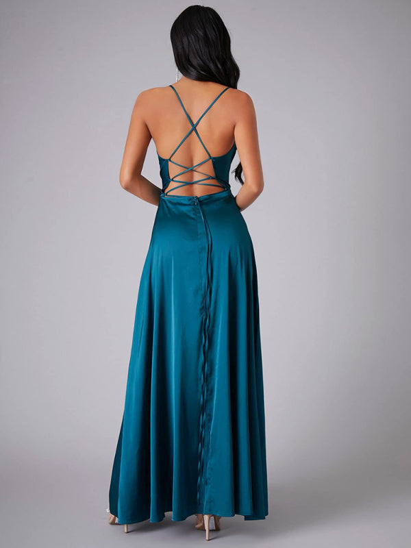 Women's slim fit backless spaghetti straps waist dress long dress-[Adult]-[Female]-2022 Online Blue Zone Planet