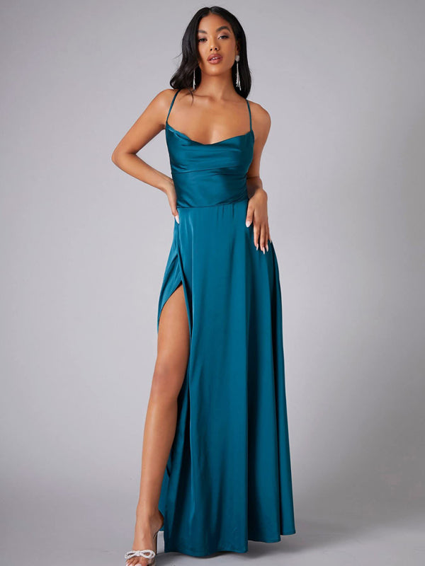 Women's slim fit backless spaghetti straps waist dress long dress-[Adult]-[Female]-Acid blue-S-2022 Online Blue Zone Planet