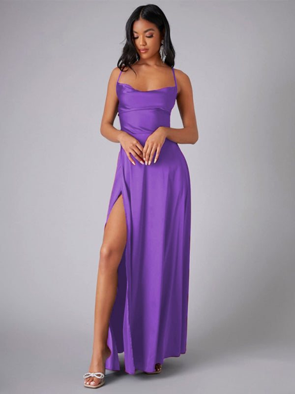 Women's slim fit backless spaghetti straps waist dress long dress-[Adult]-[Female]-Purple-S-2022 Online Blue Zone Planet