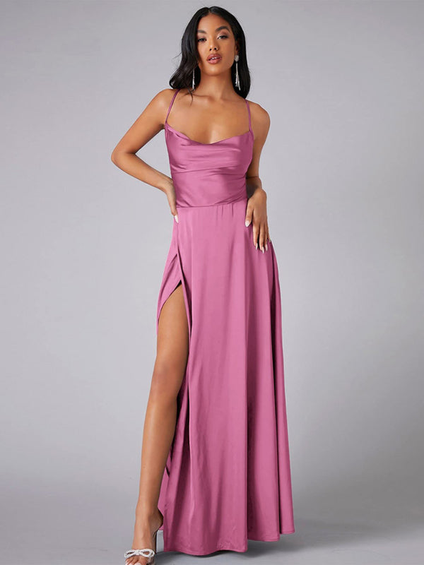Women's slim fit backless spaghetti straps waist dress long dress-[Adult]-[Female]-Pink-S-2022 Online Blue Zone Planet