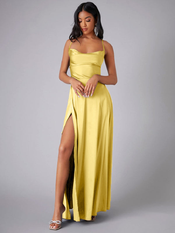 Women's slim fit backless spaghetti straps waist dress long dress-[Adult]-[Female]-Yellow-S-2022 Online Blue Zone Planet
