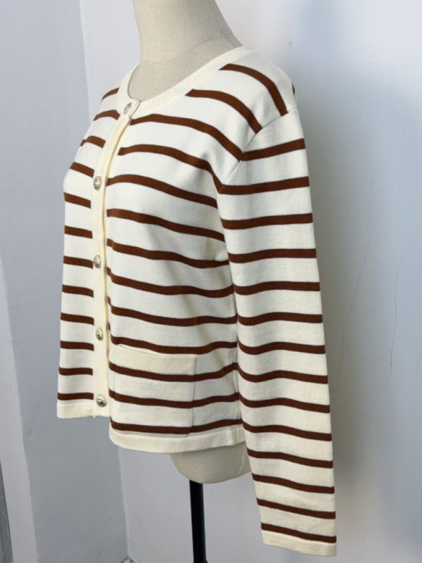 New round neck gold button cardigan sweater color striped knitted outerwear top-[Adult]-[Female]-2022 Online Blue Zone Planet