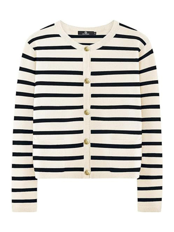 New round neck gold button cardigan sweater color striped knitted outerwear top-[Adult]-[Female]-2022 Online Blue Zone Planet