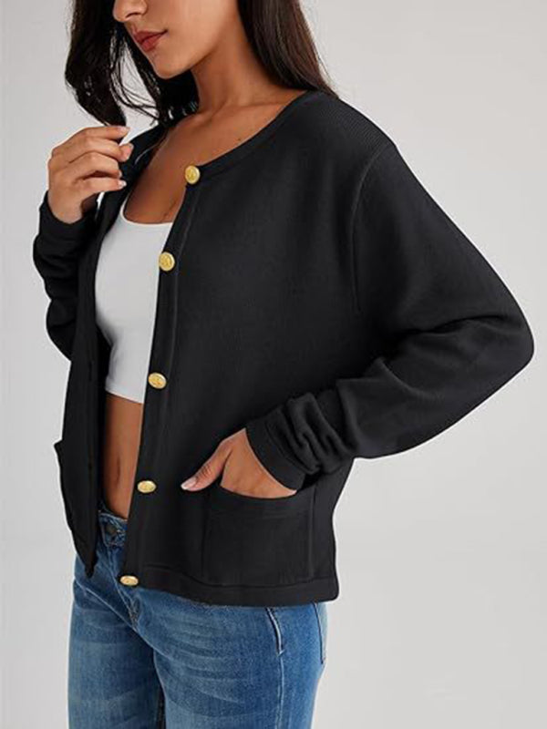 Nautical Round Neck Gold Button Cardigan-[Adult]-[Female]-Black-S-2022 Online Blue Zone Planet