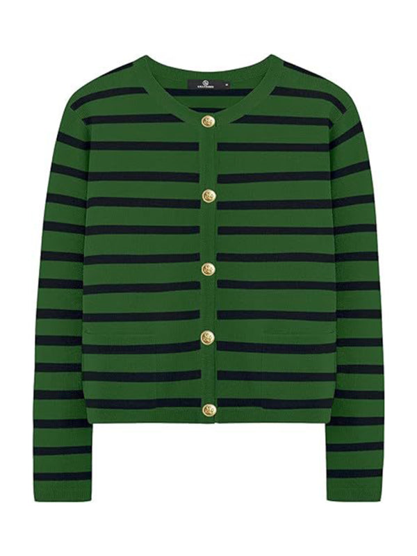Nautical Round Neck Gold Button Cardigan-[Adult]-[Female]-2022 Online Blue Zone Planet