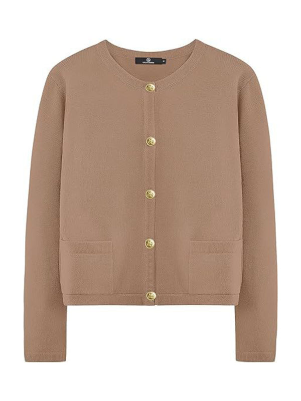 Nautical Round Neck Gold Button Cardigan-[Adult]-[Female]-2022 Online Blue Zone Planet