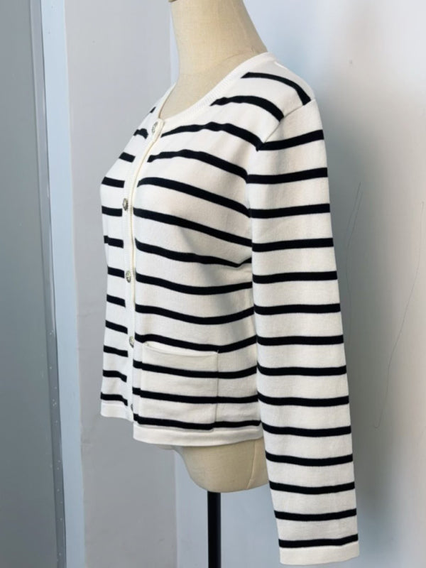 New round neck gold button cardigan sweater color striped knitted outerwear top-[Adult]-[Female]-2022 Online Blue Zone Planet