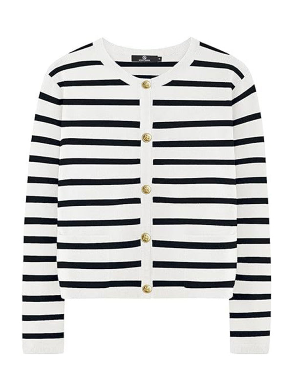 New round neck gold button cardigan sweater color striped knitted outerwear top-[Adult]-[Female]-2022 Online Blue Zone Planet