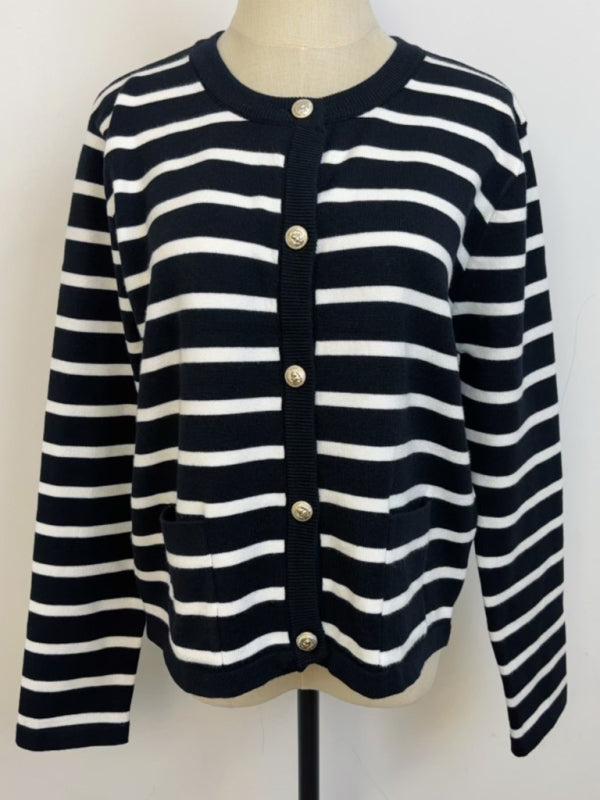 New round neck gold button cardigan sweater color striped knitted outerwear top-[Adult]-[Female]-2022 Online Blue Zone Planet