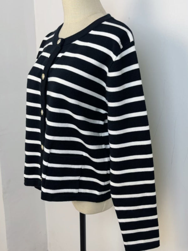 New round neck gold button cardigan sweater color striped knitted outerwear top-[Adult]-[Female]-2022 Online Blue Zone Planet