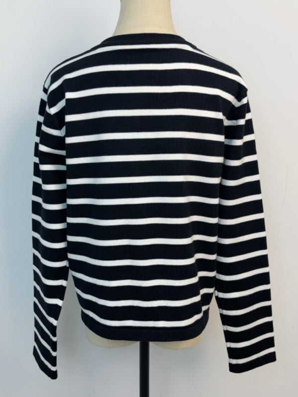 New round neck gold button cardigan sweater color striped knitted outerwear top-[Adult]-[Female]-2022 Online Blue Zone Planet