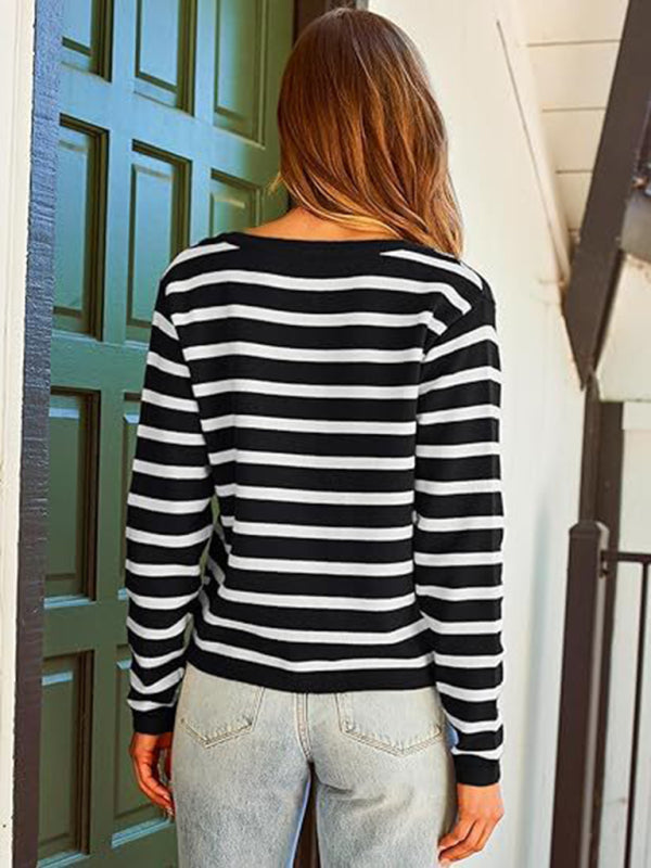 New round neck gold button cardigan sweater color striped knitted outerwear top-[Adult]-[Female]-2022 Online Blue Zone Planet