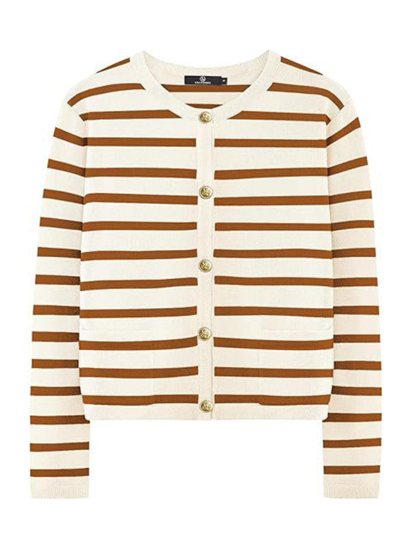 New round neck gold button cardigan sweater color striped knitted outerwear top-[Adult]-[Female]-2022 Online Blue Zone Planet