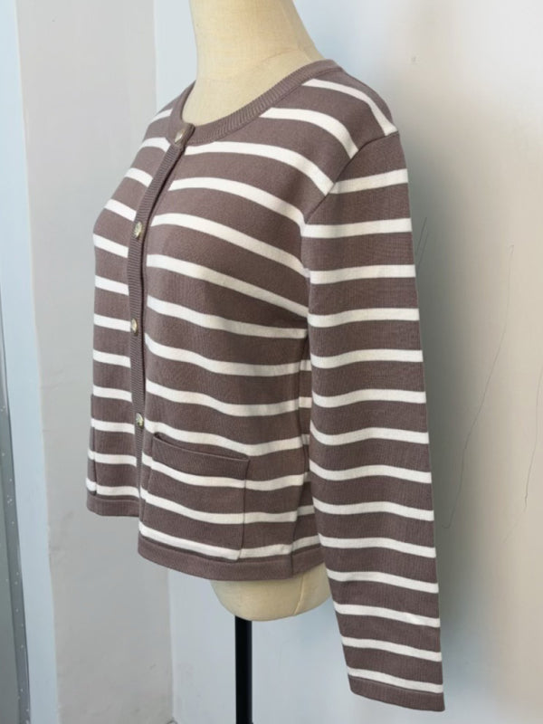 New round neck gold button cardigan sweater color striped knitted outerwear top-[Adult]-[Female]-2022 Online Blue Zone Planet