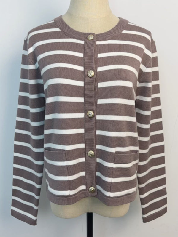 New round neck gold button cardigan sweater color striped knitted outerwear top-[Adult]-[Female]-2022 Online Blue Zone Planet