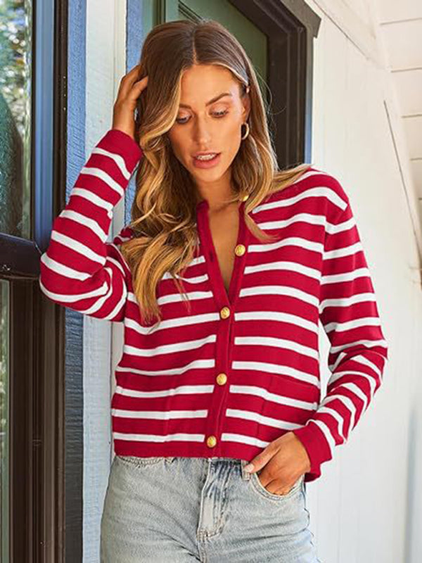 Nautical Round Neck Gold Button Cardigan-[Adult]-[Female]-Red-S-2022 Online Blue Zone Planet