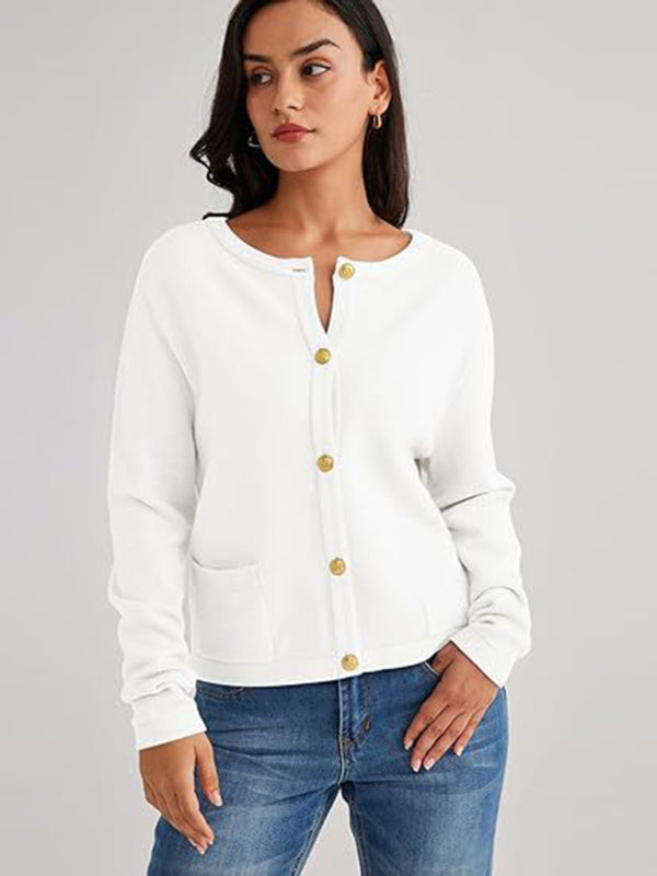 Nautical Round Neck Gold Button Cardigan-[Adult]-[Female]-White-S-2022 Online Blue Zone Planet