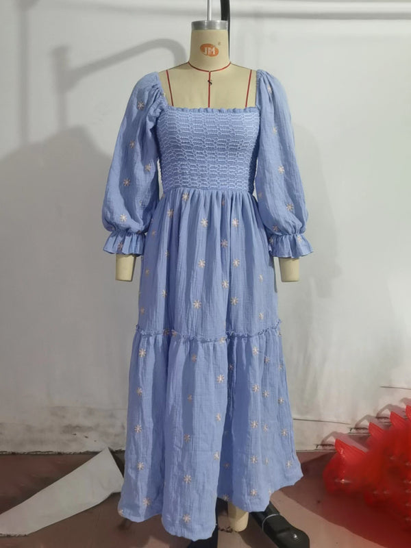 Blue Zone Planet | New style trumpet sleeves embroidered square collar sunflower swing blue dress-TOPS / DRESSES-[Adult]-[Female]-2022 Online Blue Zone Planet