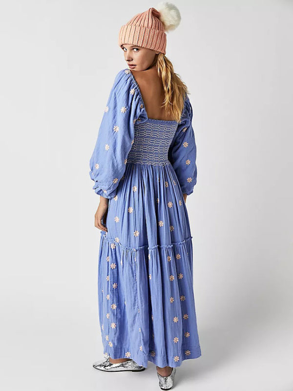 Blue Zone Planet | New style trumpet sleeves embroidered square collar sunflower swing blue dress-TOPS / DRESSES-[Adult]-[Female]-2022 Online Blue Zone Planet